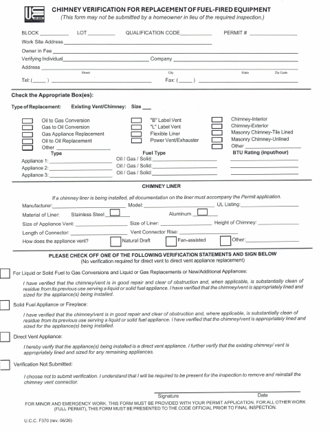 First page of the Chimney Verification for Replacement of Fuel-Fired Equipment