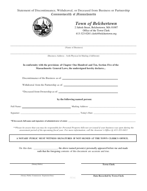 First page of the Business Discontinuation, Withdrawal, or Deceased Statement