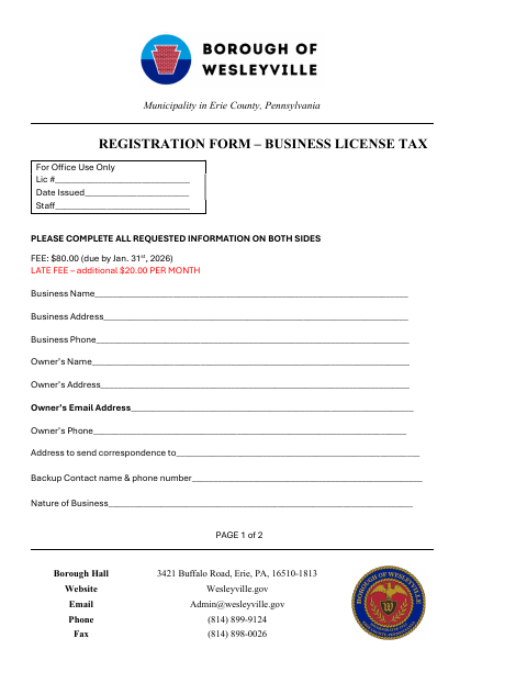First page of the Business License Tax Registration Form