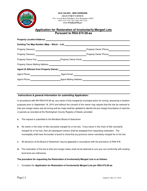 First page of the Application for Restoration of Involuntarily Merged Lots