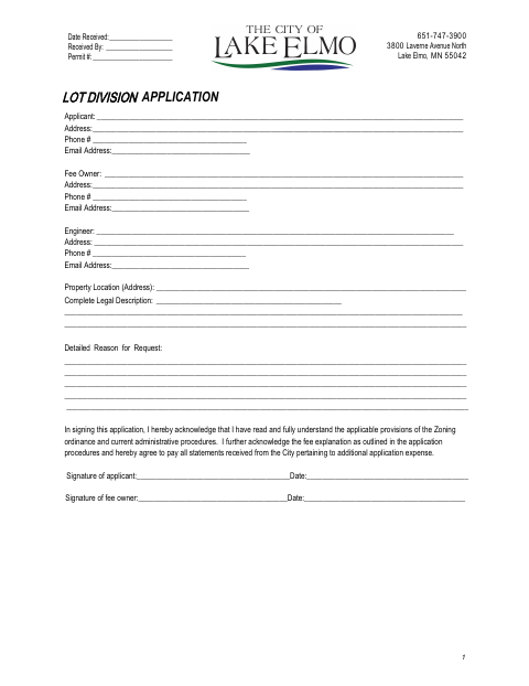 First page of the Lot Division Application