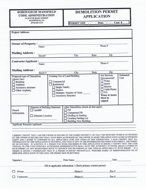 First page of the Demolition Permit Application