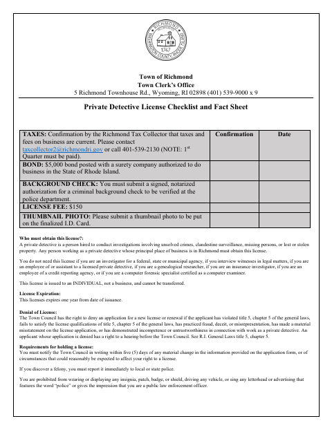 First page of the Private Detective License Application