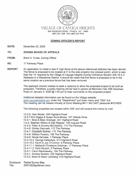 First page of the Zoning Board of Appeals Application and Report
