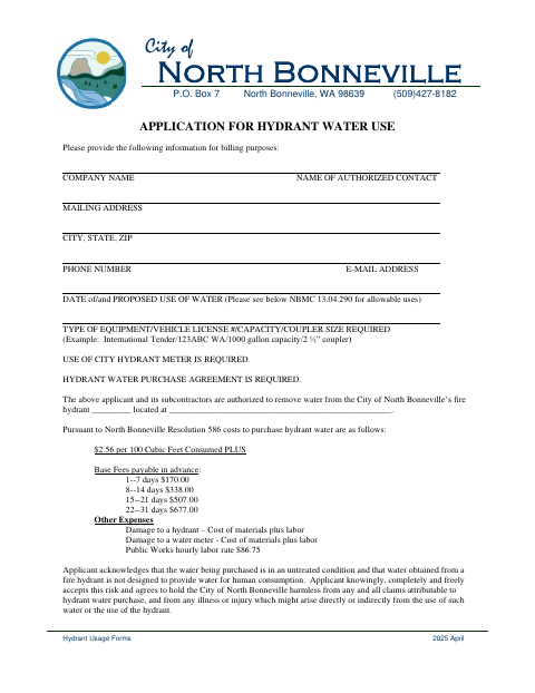 First page of the Application for Hydrant Water Use