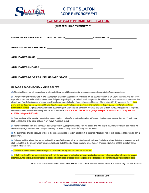 First page of the Garage Sale Permit Application
