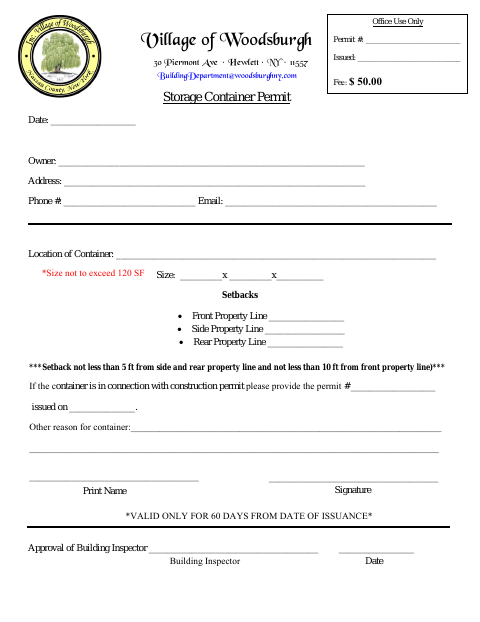 First page of the Storage Container Permit Application