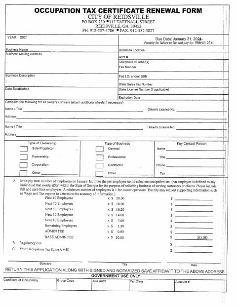 First page of the Occupation Tax Certificate Renewal Form