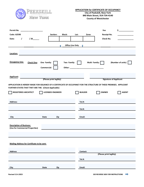 First page of the Application for Certificate of Occupancy