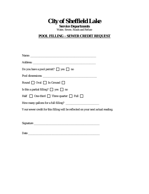 First page of the Pool Filling – Sewer Credit Request