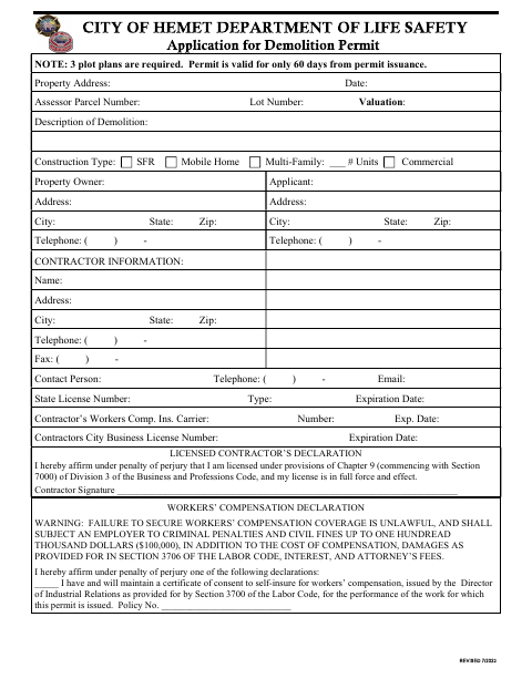 First page of the Demolition Permit