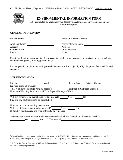First page of the Environmental Information Form