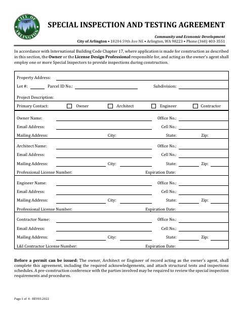 First page of the Special Inspection and Testing Agreement