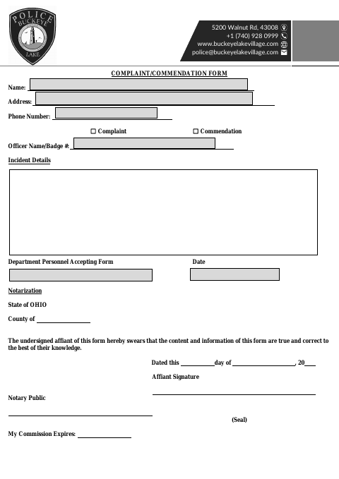 First page of the Officer Complaint/Commendation Form