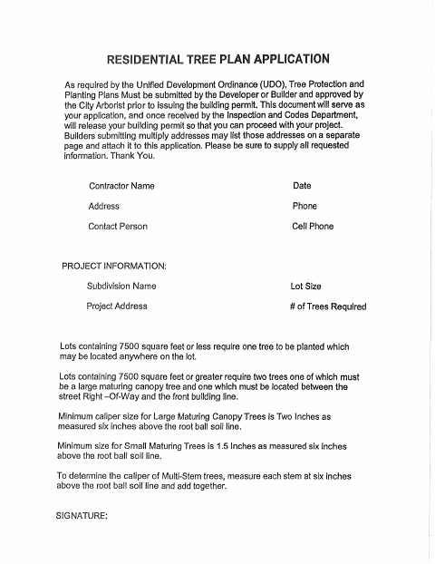 First page of the Residential Tree Plan Application
