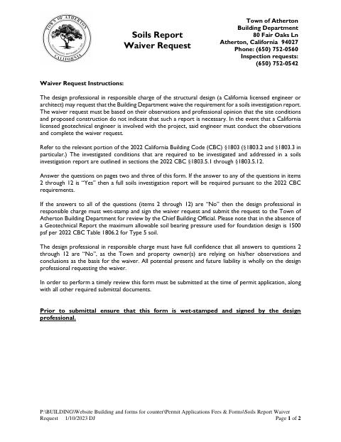 First page of the Soils Report Waiver Request
