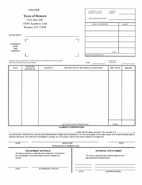 First page of the Town Voucher Claim