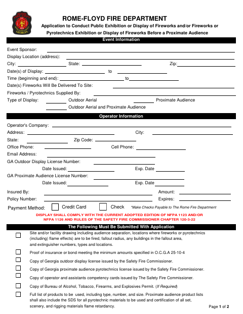 First page of the Fireworks and Pyrotechnics Display Application