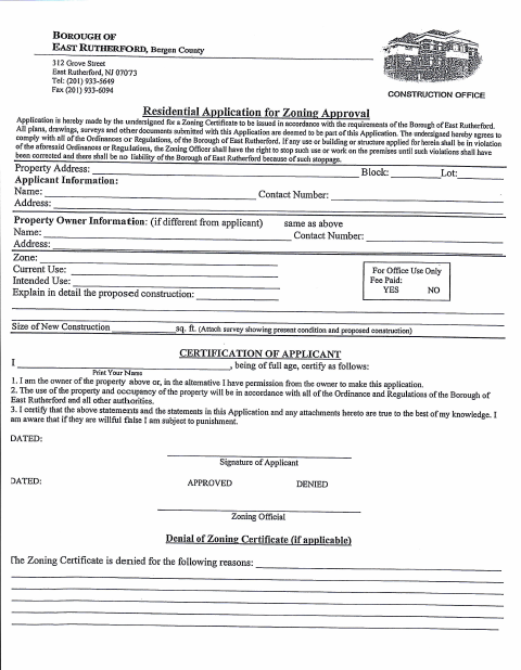 First page of the Residential Application for Zoning