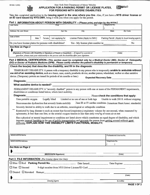 First page of the Application for a Parking Permit or License Plates for Persons with Severe Disabilities