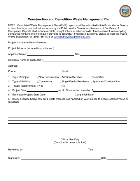 First page of the Construction and Demolition Waste Management Plan