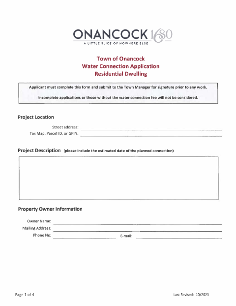 First page of the Water Connection Application