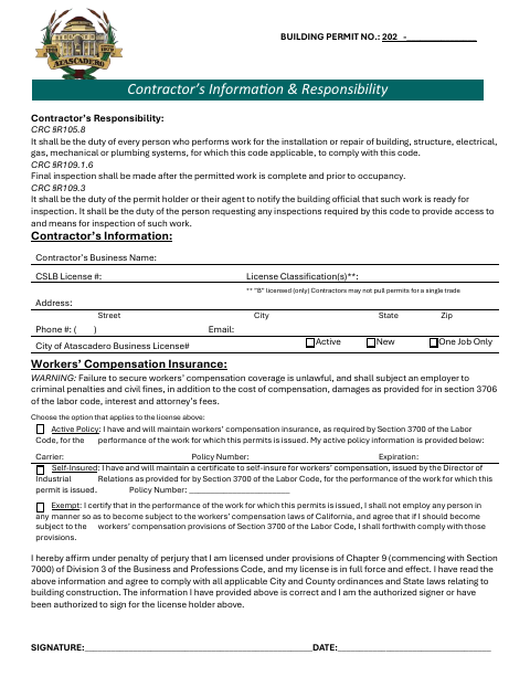 First page of the Contractor’s Information & Responsibility