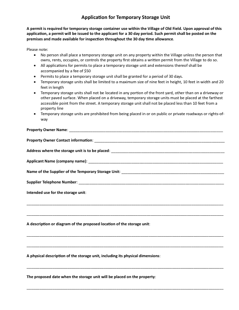First page of the Application for Temporary Storage Unit