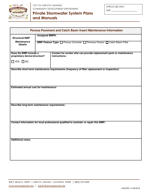 First page of the Porous Pavement and Catch Basin Insert Maintenance Information