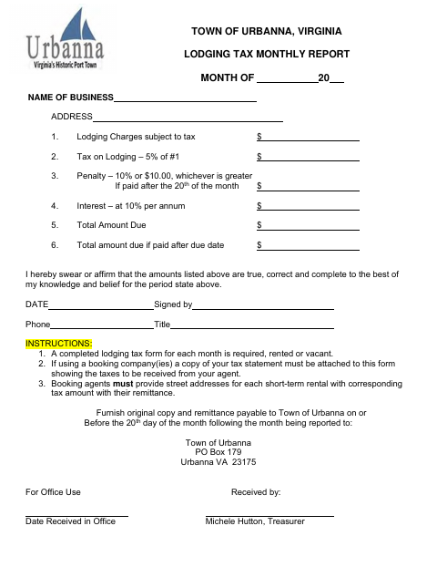 First page of the Lodging Tax Monthly Report