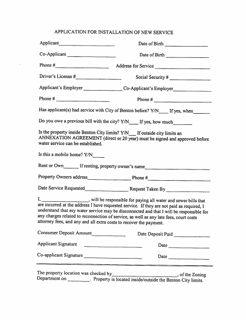 First page of the Application for New Service