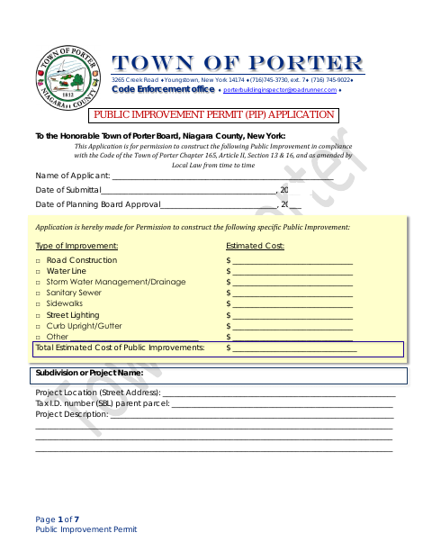 First page of the Public Improvement Permit Application