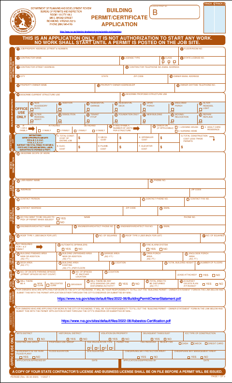 First page of the Building Permit/Certificate Application