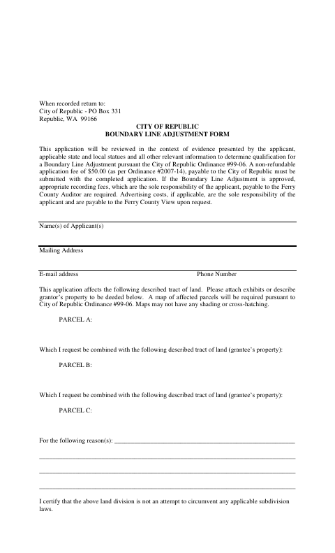 First page of the Boundary Line Adjustment Form