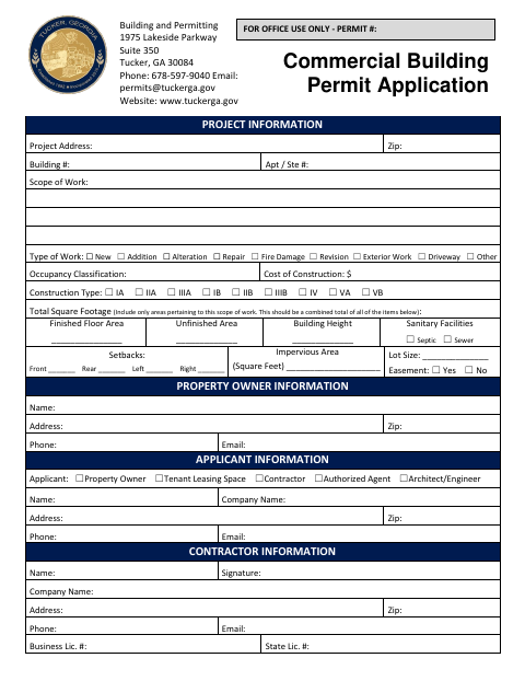 First page of the Commercial Building Permit Application