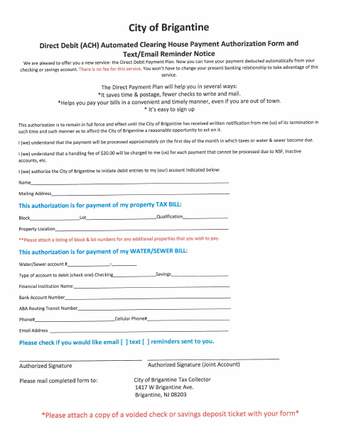First page of the Direct Debit ACH Payment Authorization
