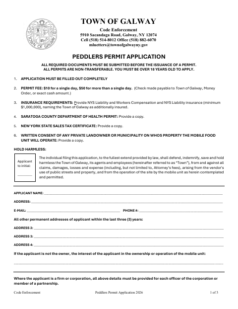 First page of the Peddlers Permit Application