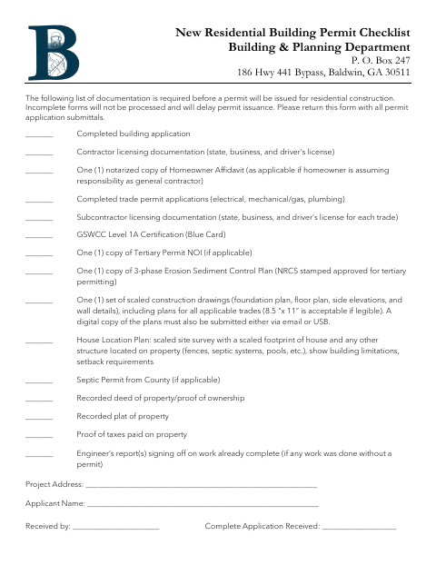 First page of the New Residential Building Permit Checklist