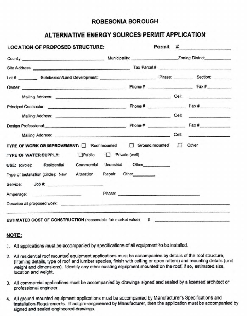 First page of the Alternative Energy Sources Permit Application