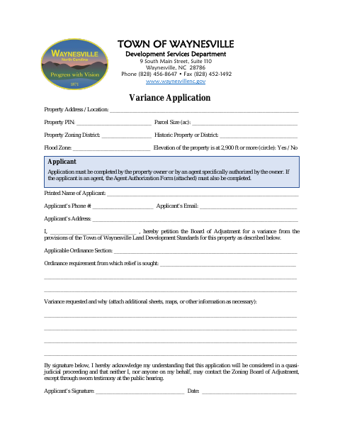 First page of the Variance Application