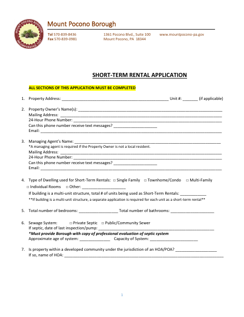 First page of the Short-Term Rental Application