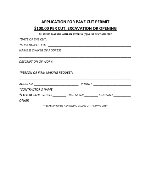 First page of the Application for Pave Cut Permit
