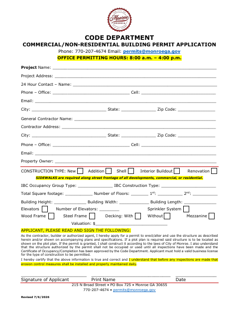 First page of the Commercial/Non-Residential Building Permit Application