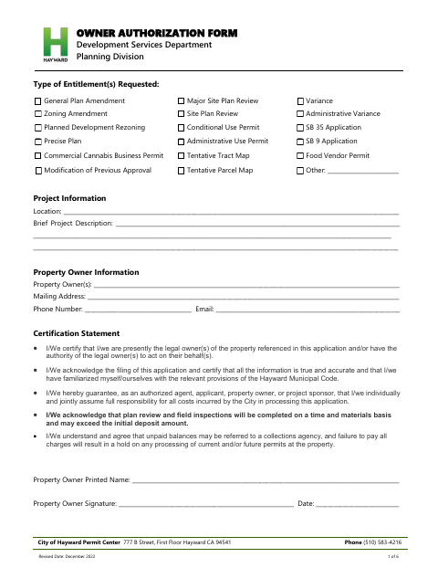 First page of the Owner Authorization Form