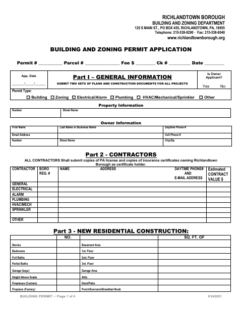 First page of the Building and Zoning Permit Application