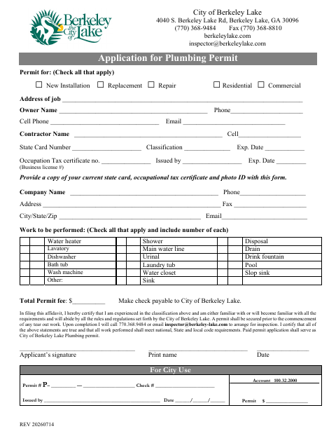 First page of the Application for Plumbing Permit