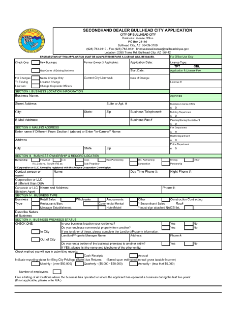 First page of the Secondhand Dealer Application
