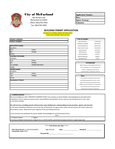 First page of the Building Permit Application