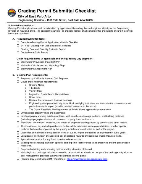 First page of the Grading Permit Application and Submittal Checklist