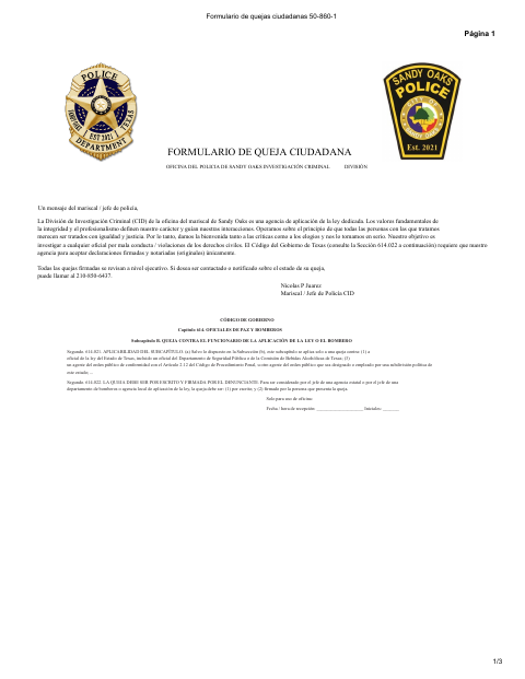 First page of the Citizen Complaint Form